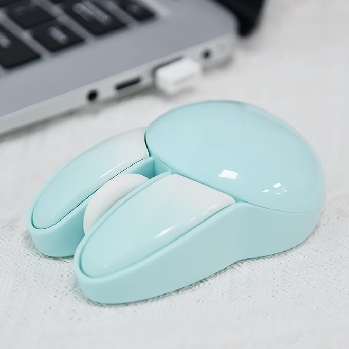 Lomiluskr Cute Bunny Wireless Mouse, Lightweight Soundless Mice, 2.4G Wireless Mice, Candy Colors, Kawaii Rabbit Mouse for Girls and Kids (Blue Bunny)