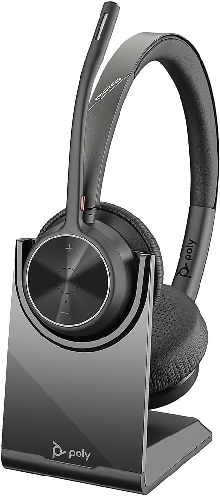 Poly - Voyager 4320 UC Wireless Headset + Charge Stand (Plantronics) - Headphones with Boom Mic - Connect to PC/Mac via USB-C Bluetooth Adapter, Cell Phone via Bluetooth - Works with Teams, Zoom &More