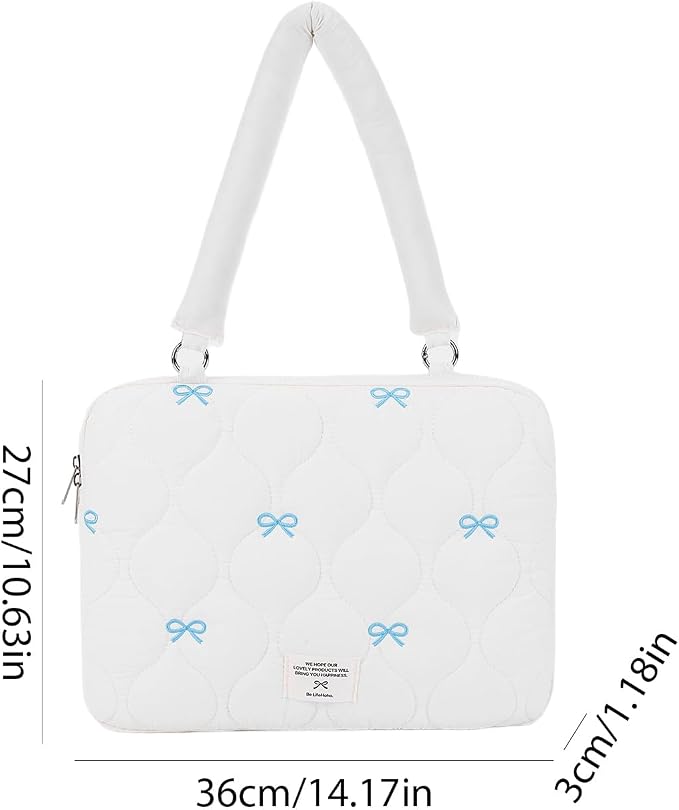 Cute Bow Laptop Case Coquette 13-15 Inch Puffy Laptop Sleeve Accessories Aesthetic Quilted Computer Bag for MacBook (White 1, 13-14inch)