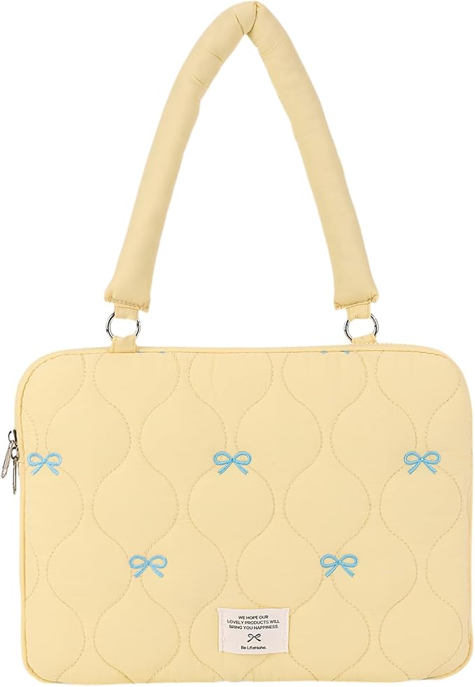 Cute Bow Laptop Case Coquette 13-15 Inch Puffy Laptop Sleeve Accessories Aesthetic Quilted Computer Bag for MacBook (Yellow 1, 15-15.6)