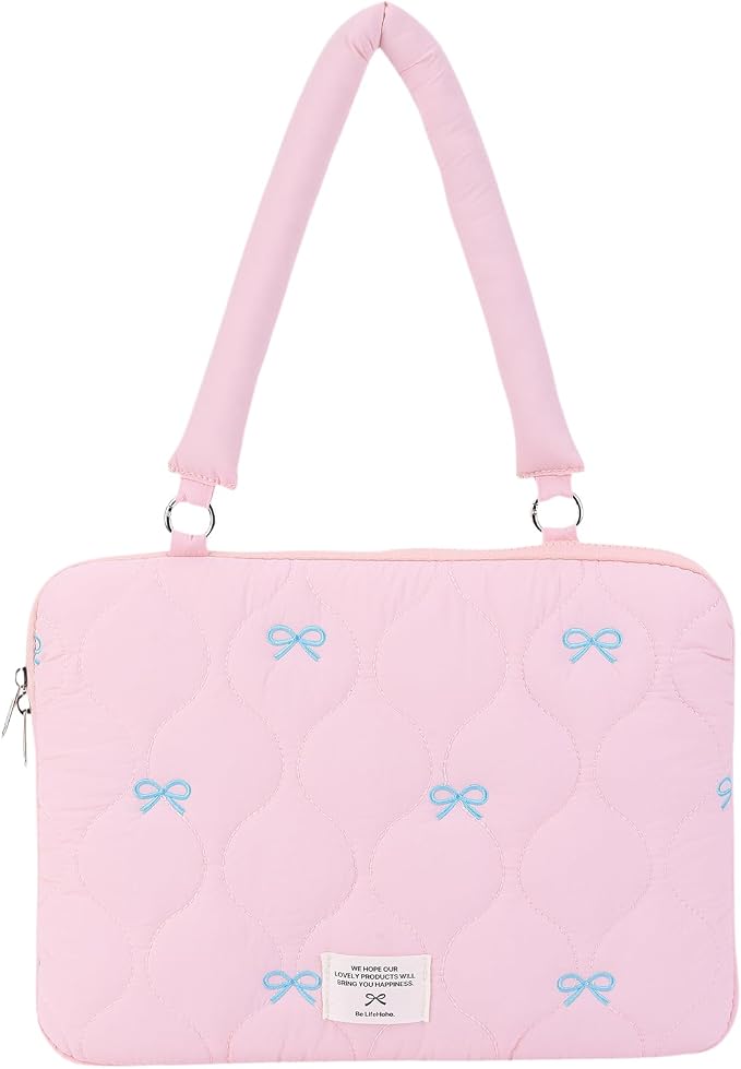 Cute Bow Laptop Case Coquette 13-15 Inch Puffy Laptop Sleeve Accessories Aesthetic Quilted Computer Bag for MacBook (Pink 1, 13-14inch)