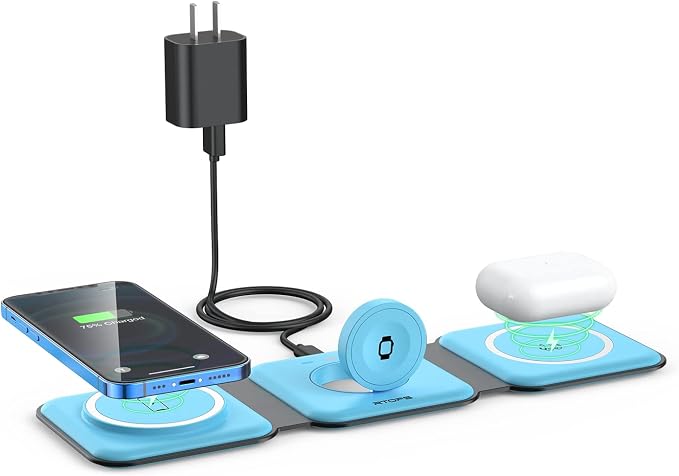 Wireless Charger 3 in 1,RTOPS Travel Charging Station Wireless Devices, Compatible for iPhone17/16/15/14/13/Pro/Max, iWatch, AirPods4/3/2/Pro (Adapter Includes), 3 in 1 Charging Station