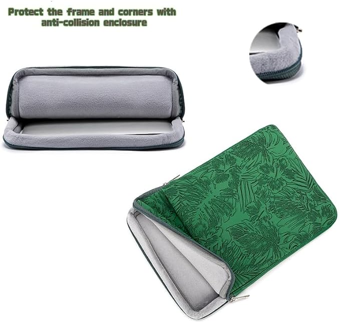 Kinmac 360° Protective Vertical Laptop Sleeve Case Cover Bag (Green Leaves PU, 15 inch-15.6 inch)
