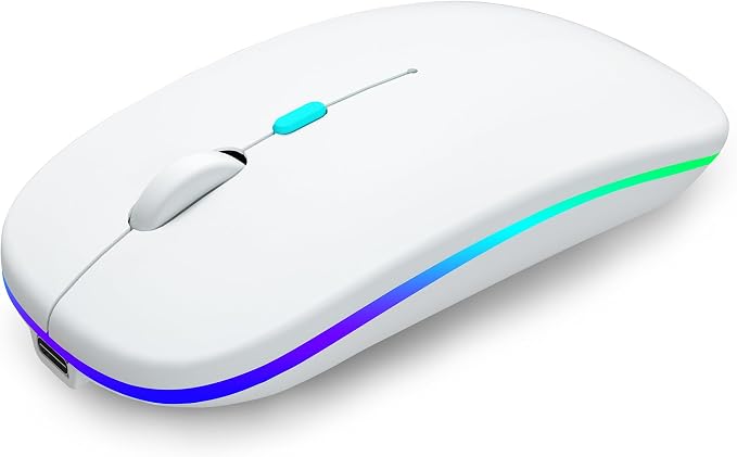AIKOKOK Wireless Bluetooth Mouse, Rechargeable, Dual Mode Bluetooth 5.2 & 2.4G USB, LED Lights, Slim, Silent, Portable Computer Mouse for Laptop, PC, MacBook, iPad, Tablet (White)