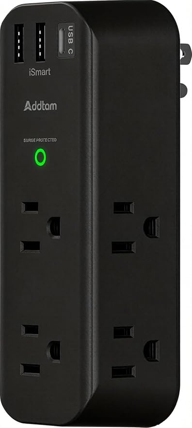 Addtam Surge Protector Outlet Extender with Rotating Plug, 6 AC Outlets & 3 USB Ports, 1800J Wall Power Strip, 3-Sided Spaced Outlet Splitter for Home, Office, Travel, Black