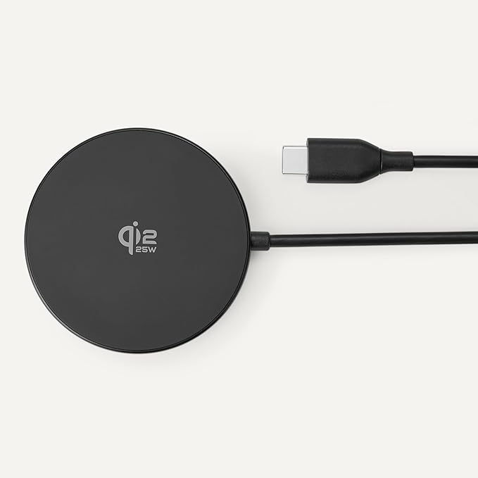 Amazon Basics 25W Qi2.2 Certified Wireless Charging Pad, MagSafe Compatible for iPhone 17/16/15/14/13/12, Magnetic Compatible for Android, Google Smartphones, Black (Adapter Not Included)