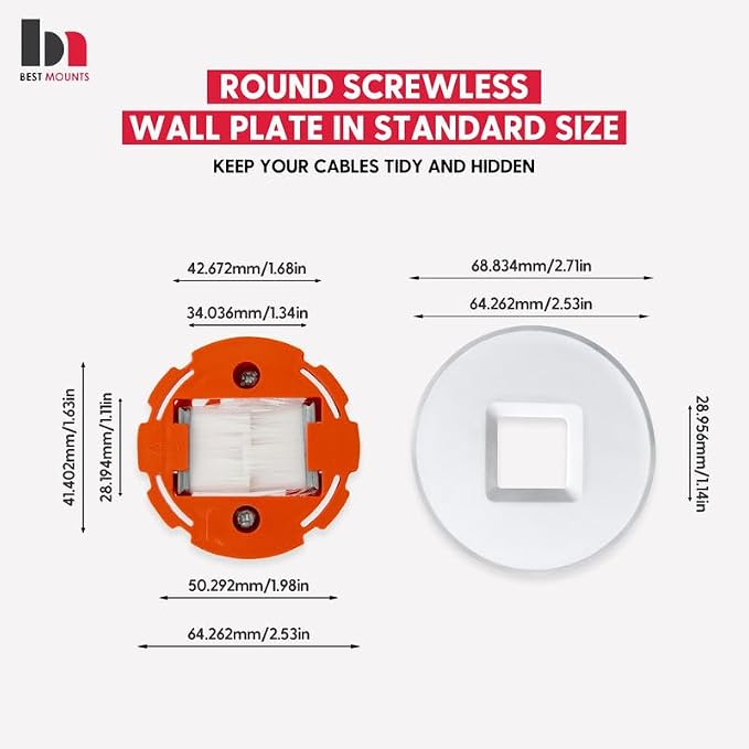 2 Pack Screw less Brush wall plate cable pass through with Brackets - In Wall Cable Management kit - Snap-on Single Gang Wall Cover Plate for Low Voltage Cables - TV Cord Hider for Wall Mounted TV