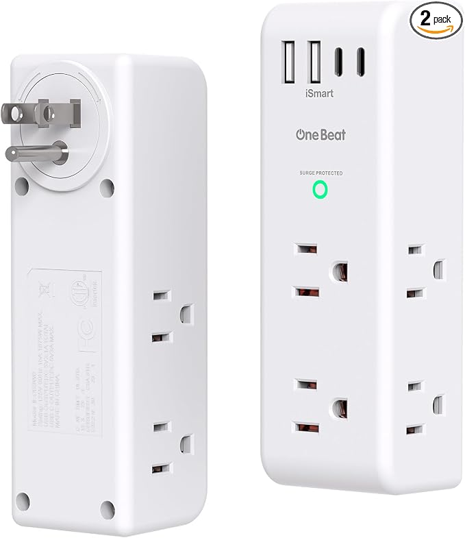 Surge Protector Outlet Extender with Rotating Plug, 6 AC Multi Plug Outlet with 4 USB Ports (3 USB C), 1800 J, 3-Sided Swivel Power Strip with Spaced Outlet Splitter for Dorm Office, White-2 Pack