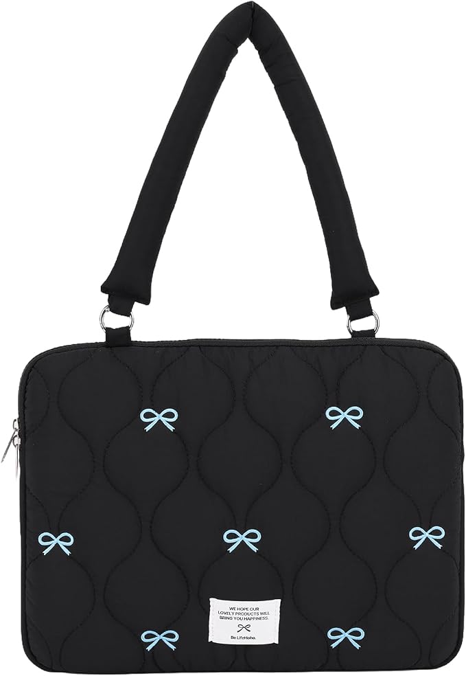 Cute Bow Laptop Case Coquette 13-15 Inch Puffy Laptop Sleeve Accessories Aesthetic Quilted Computer Bag for MacBook (Black 1, 13-14inch)