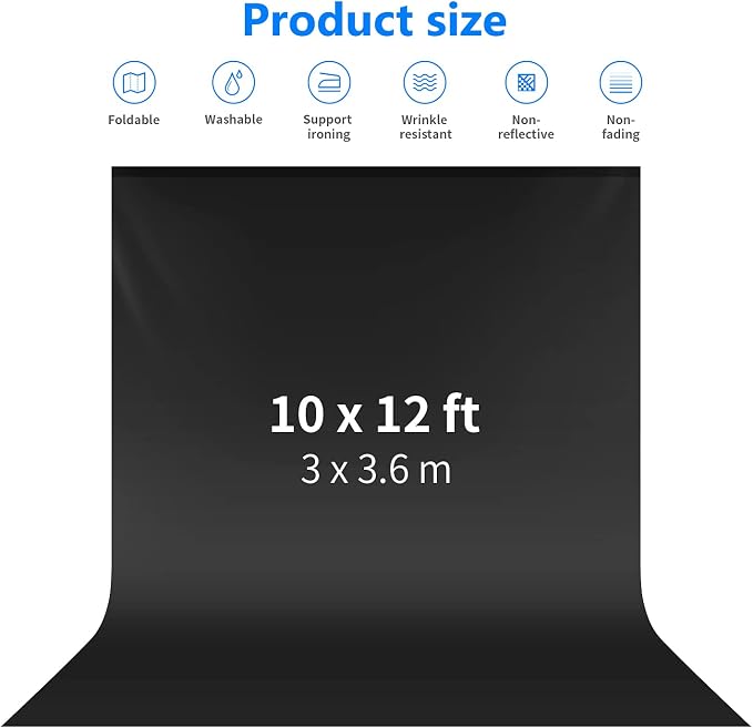 NEEWER 10 x 12FT / 3 x 3.6M PRO Photo Studio Premium Polyester Collapsible Backdrop Background for Photography, Video and Television (Backdrop ONLY) - Black
