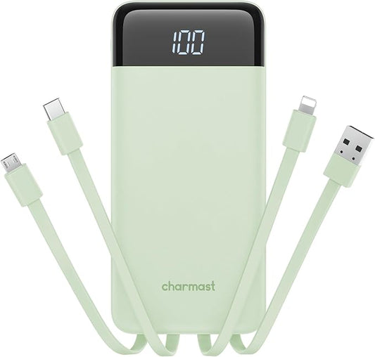 charmast 10000mAh Portable Charger with Built-in Cables, 6 Outputs & 3 Inputs Power Bank, Compact Travel Essential Battery Pack for iPhone 16/15, Samsung S25/S24, Google Pixel, iPad, AirPods & More