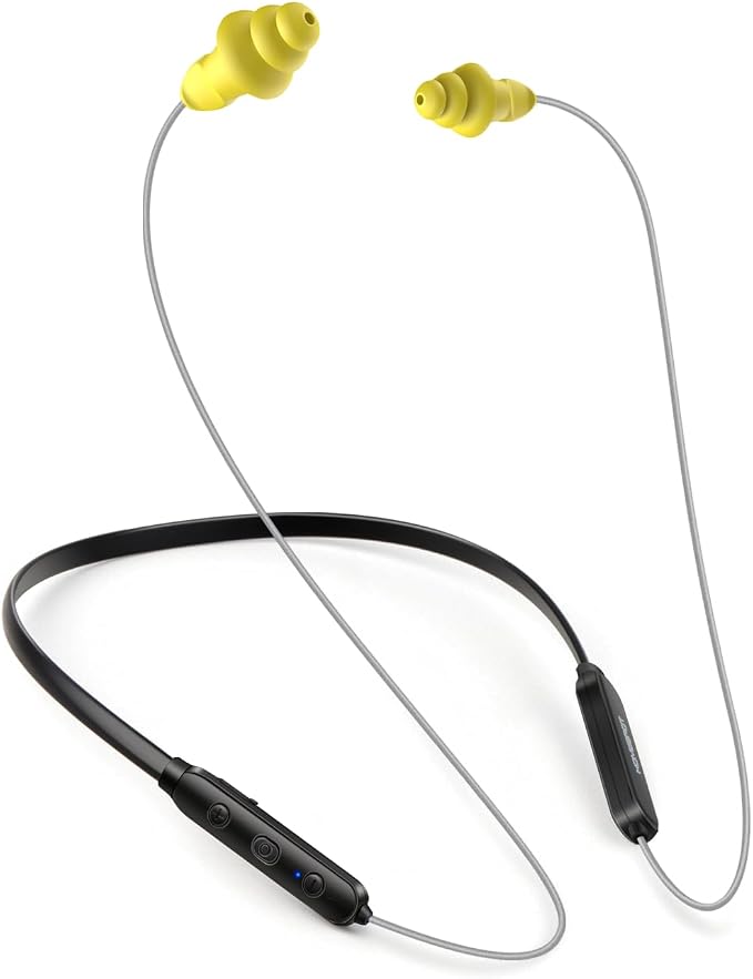 Noise Reduction Wireless Neckband Headphones with Qualcomm aptX HD, 27dB NRR, CVC Noise Cancelling Mic & Controls, 20H Playtime for Work Safety OSHA Compliant - Gray Wire Yellow Earbuds