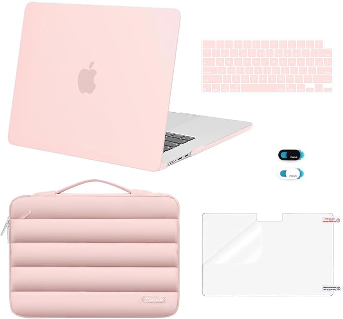 MOSISO Compatible with MacBook Air 15 inch Case M5 2026 M4 2025 M3 2024 M2 2023 A3448 A3241 A3114 A2941, Plastic Hard Shell Case&Puffy Sleeve Bag&Keyboard Skin&Webcam Cover&Screen Film, Pink