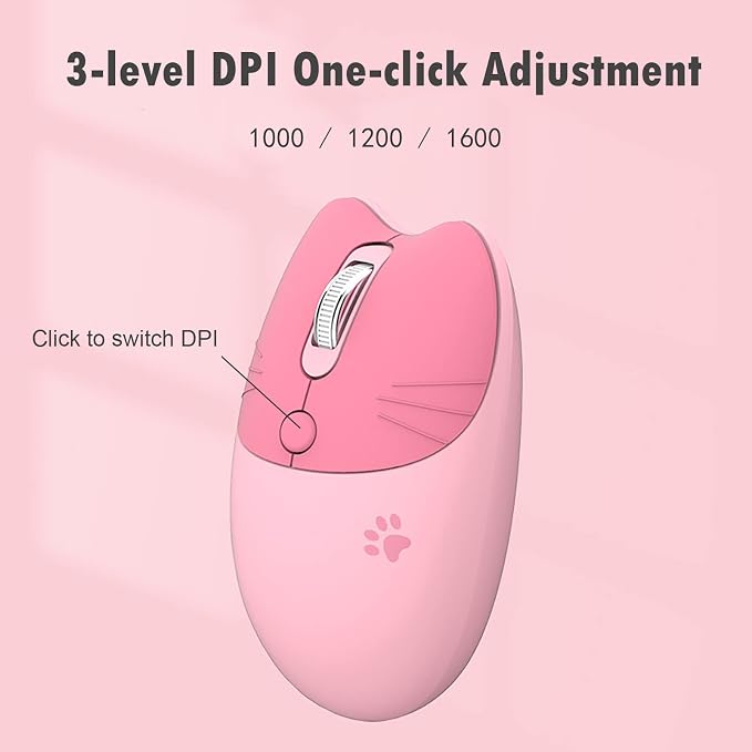 Lomiluskr Cute Cat Wireless Mouse, Lightweight Soundless Mice, 2.4G Wireless Mice, Candy Colors, Kawaii Mouse for Girls and Kids (Pink)