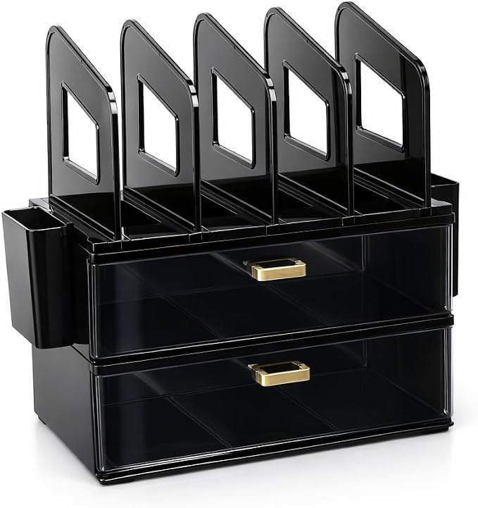 CiWiVOKi Desk Organizer with 4 File Holder Slots, 2 Clear Drawers & Dual Pen Holders, Sturdy Multi-Functional Desktop Storage for Home Office, Mail Sorter & Caddy, Black
