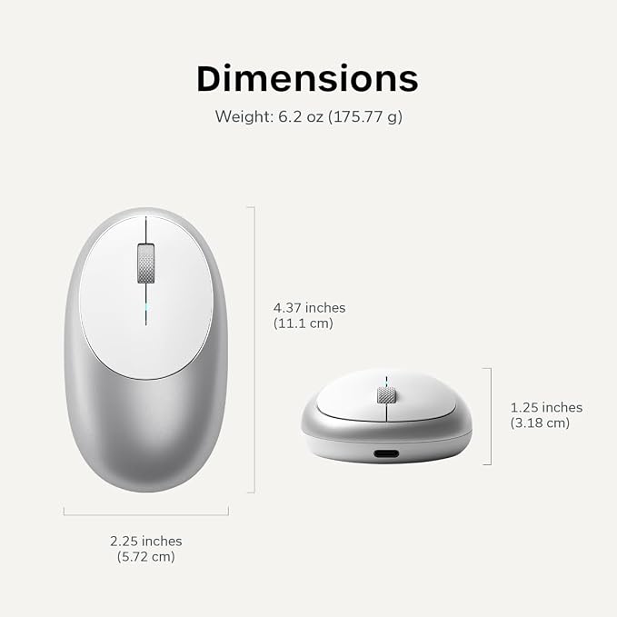 Satechi M1 Wireless Bluetooth Mouse, USB-C Rechargeable, Compact & Portable, for MacBook Air/Pro/Neo, iPad Air/Pro, iPad mini, Mac mini, iMac & Windows - Silver