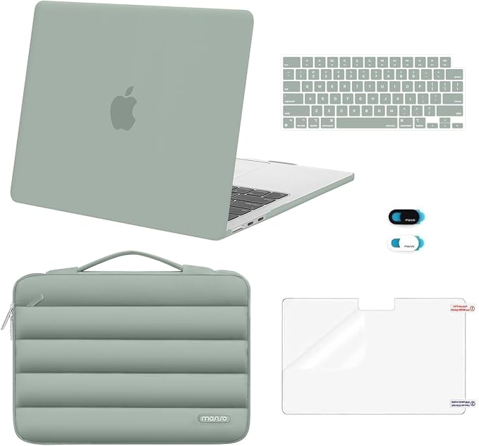 MOSISO Compatible with MacBook Air 13 inch Case M5 2026 M4 2025 M3 M2 2024-2022 A3449 A3240 A3113 A2681, Hard Case&Puffy Bag&Keyboard Cover&Webcam Cover&ScreenFilm for MacBook Air 13.6, Antique Green