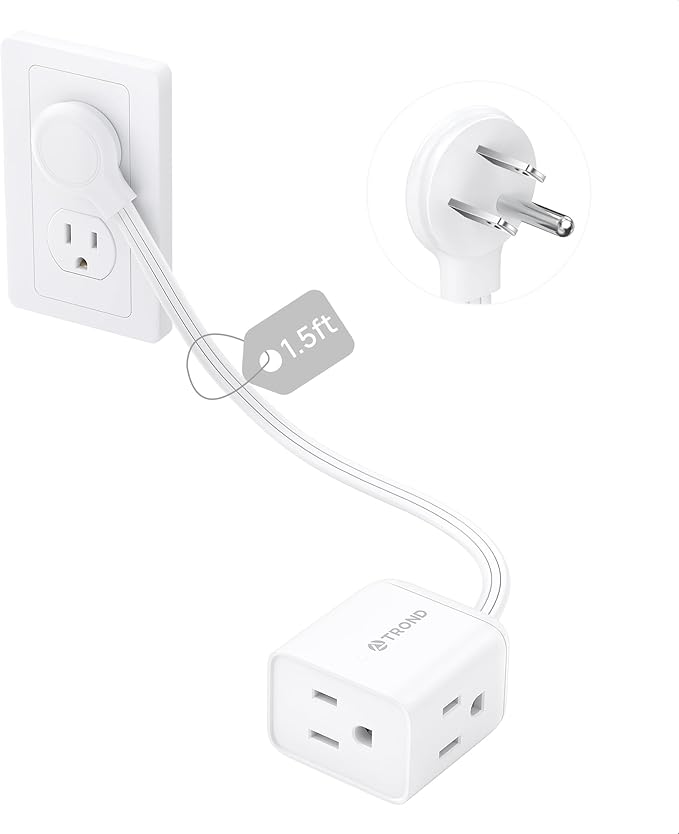 TROND Short Flat Extension Cord 1.5ft - Right Angled Flat Plug Power Strip, ETL Listed, 3 Plug Extension Outlets, Three Prong, SPT 16/3 Gauge, 13A, Small for Indoor Home Office Cruise Travel, White