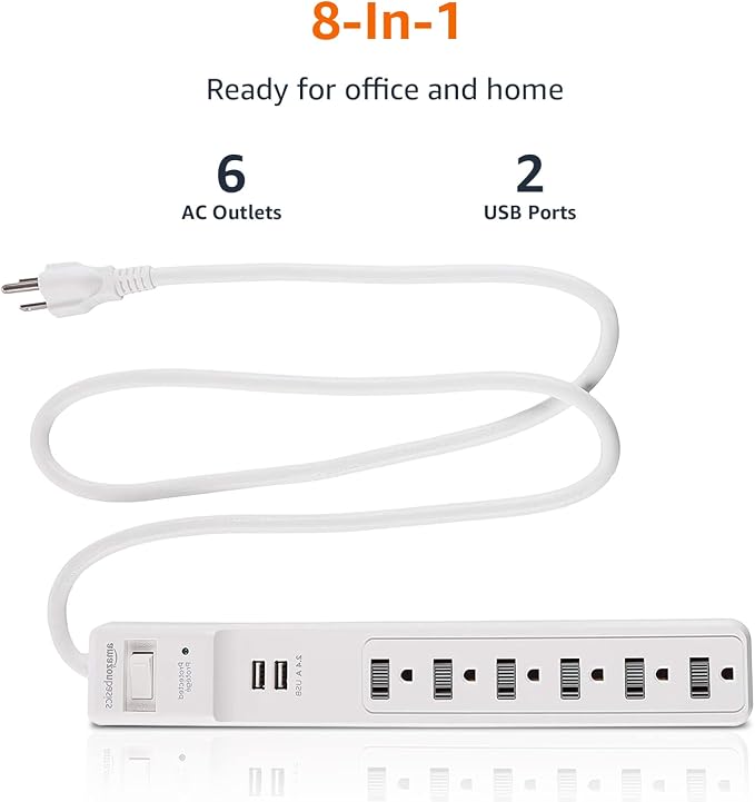 Amazon Basics Power Strip Surge Protector with 6 Outlets, 2 USB Ports, 1000 Joule Protection, 6-Foot Extension Cord, White