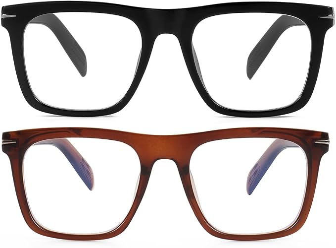 Trendy Square Blue Light Blocking Glasses for Men Women, Fashion Frame Non-prescription Computer Glasses (Black+Brown)