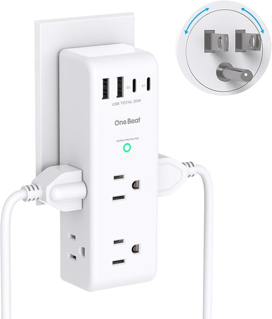 PD 20W Surge Protector Outlet Extender, Rotating Plug, One Beat 6 AC Multi Plug Outlet with 4 USB Ports (2 USB C), 1800J, 3-Sided Swivel Power Adapter with Spaced Outlet Splitter for Home Office Dorm