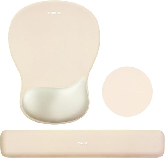 MOSISO Wrist Rest Support for Mouse Pad&Keyboard Set, Ergonomic Mousepad&Coaster, Non-Slip Base Home/Office Rectangular Easy Typing Cushion Pad with Soft Cloth&Curved Concave Memory Foam, Khaki