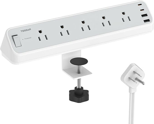 TESSAN Desk Clamp Power Strip 10 Ft, 2100J Surge Protector Desk Charging Station, 5 Outlets with 4 USB Ports (2 USB C), Flat Plug Extension Cord with Multiple Outlets for Home Office Dorm Room, Grey