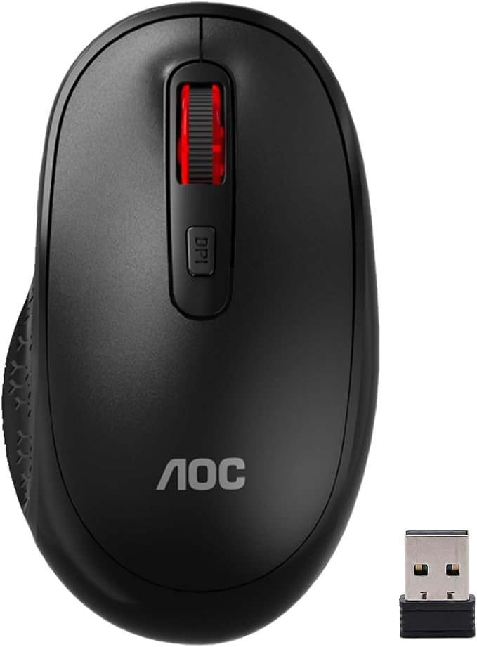 AOC Wireless Mouse, 2.4G Optical Mice with Nano Receiver, Portable Design with Textured Grip, 1600 DPI Adjustable Cordless Mouse Compatible with Notebook, PC, Laptop Black MS400