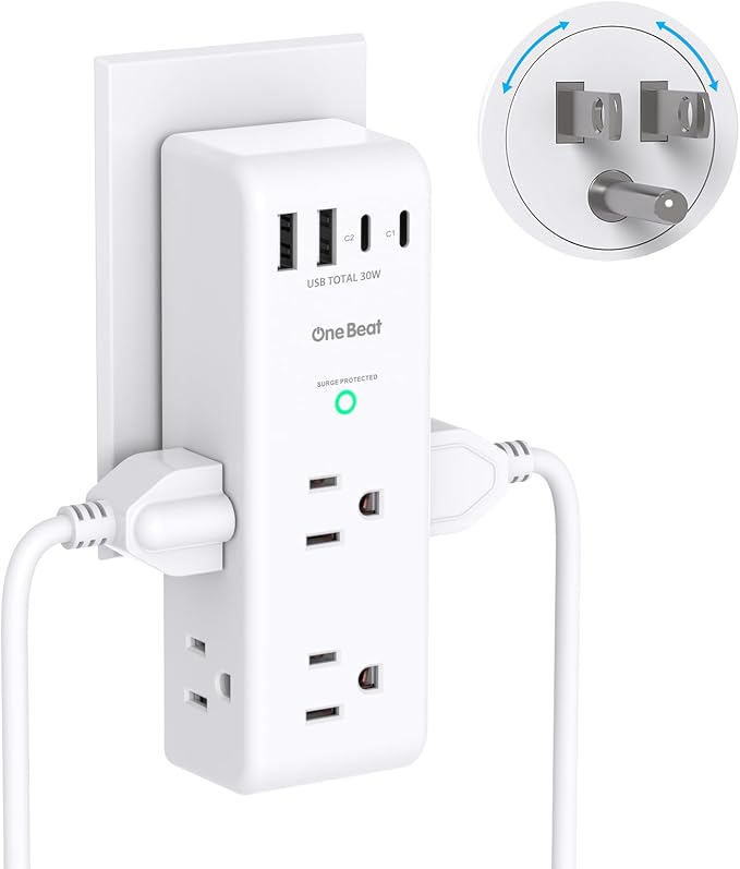 PD 30W Surge Protector Outlet Extender, Rotating Plug, One Beat 6 AC Multi Plug Outlet with 4 USB Ports (2 USB C), 1800J, 3-Sided Swivel Power Adapter with Spaced Outlet Splitter for Home Office Dorm
