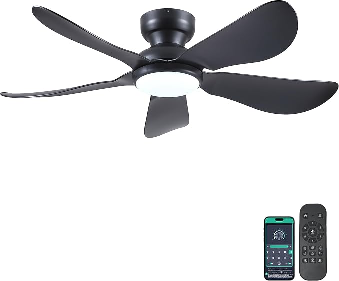 Kviflon 46 Inch Modern Ceiling Fans with Lights, Flush Mount Ceiling Fan with Light and Remote/APP Control, 5 Reversible 6 Speeds Curved Blades, 3 CCT Dimmable Lights for Bedroom, Black