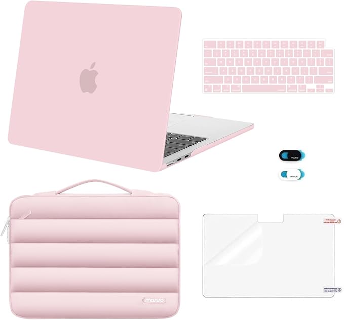 MOSISO Compatible with MacBook Air 13 inch Case M5 2026 M4 2025 M3 M2 2024-2022 A3449 A3240 A3113 A2681, Hard Case&Puffy Bag&Keyboard Cover&Webcam Cover&ScreenFilm for MacBook Air 13.6, Baby Pink