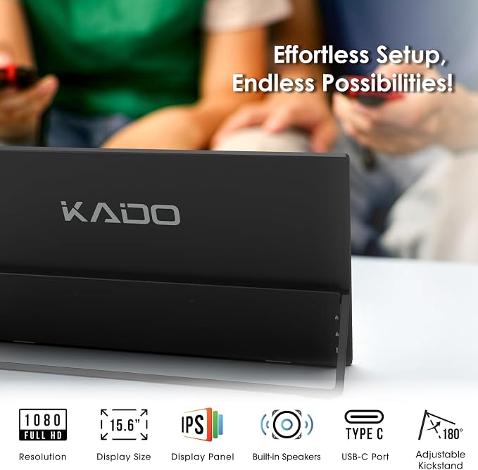 Kado 75Hz Portable Monitor 15.6-Inch FHD 1080p, 45W Reverse Charging USB-C mini-HDMI Gaming Monitor IPS Display Built-in Speakers, Second Display Kickstand for Laptop PC Phone Mac Xbox PS4/PS5 Switch