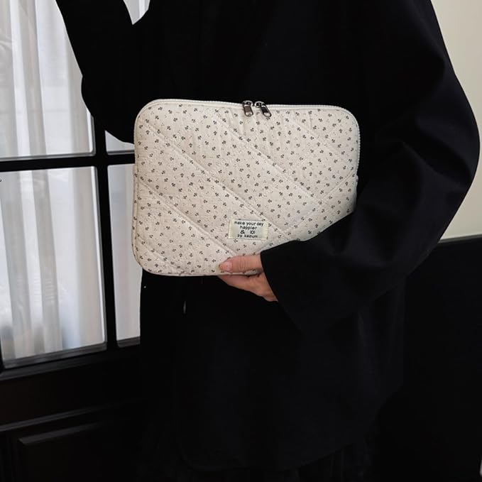 Puffy Laptop Sleeve 13-15.6 Inch Corduroy Quilted Laptop Protective Case Cute Floral Computer Sleeve Protective for MacBook (Cream Ditsy, 11 Inch)