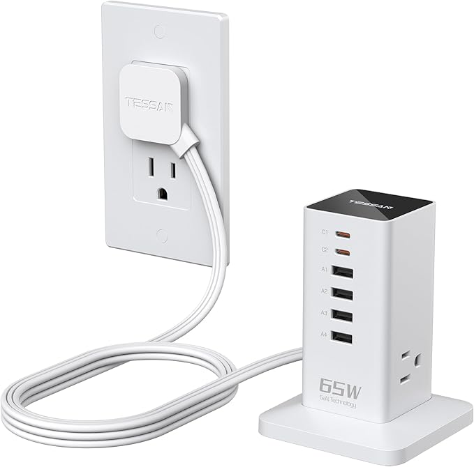 Charging Station for Multiple Devices, TESSAN 9-in-1 USB C Power Strip for iPhone 17/16/15, MacBook, Tablet, Desktop Phone Fast Charger with 3 AC, USB Charger, Home Drom Office Accessories, White-65W