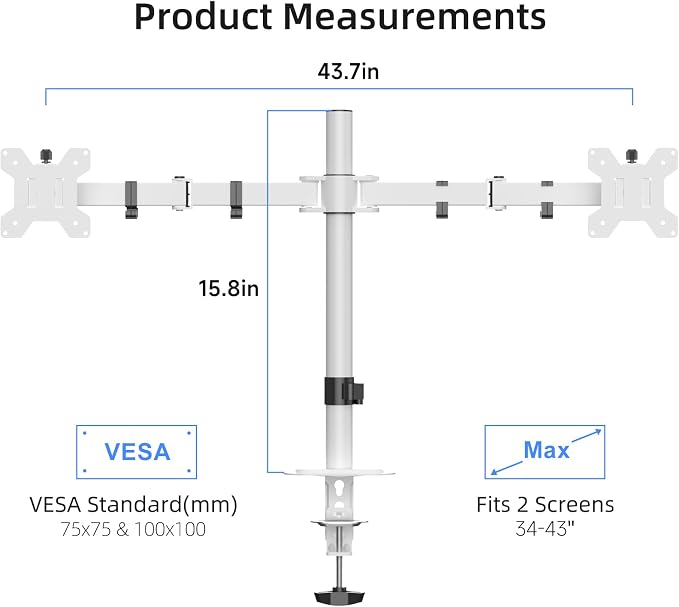Suptek Dual Monitor Desk Mount, Adjustable Dual Monitor Arm for 2 Monitor Screens up to 43 inch, 15.75" Pole Monitor Stand for Desk, Holds up to 22 lbs,White(MD9442LW)