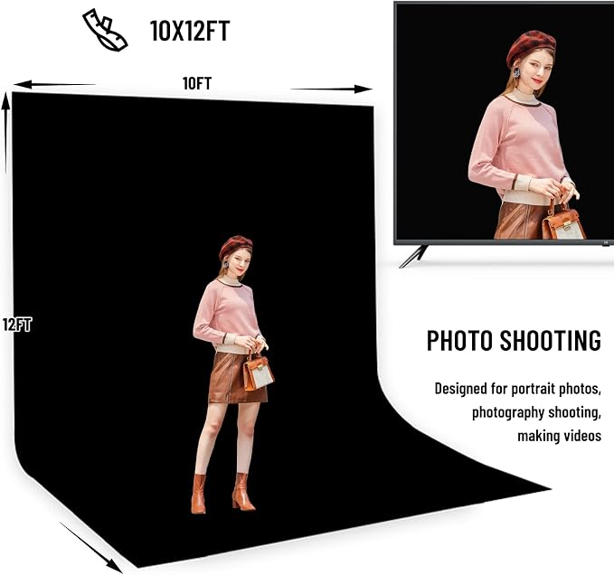 BEIYANG 8.5X10 FT Photo Background Stand with 10X12 FT Black Backdrop Screen, Adjustable Background Holder Support System Kit for Photography Video, Parties Decoration with Carry Bag & Clamps