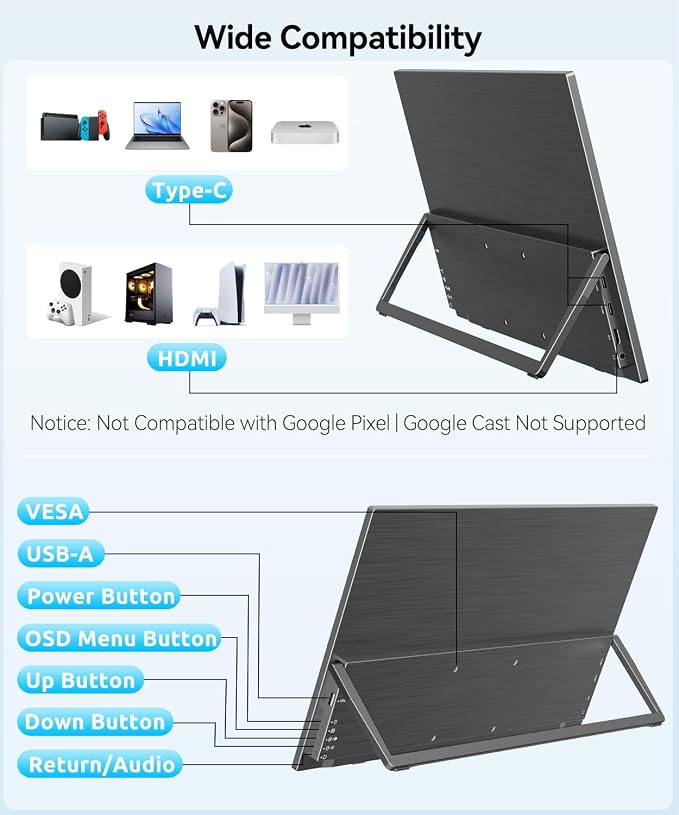 Wireless Portable Monitor with 8000mAh Battery- 15.6" 1080P IPS Second Screen for Travel/Office, AirPlay & Miracast Casting, Up to 5 hrs Use, No Cables or Drivers Needed, Works with Laptop/PC/Phone