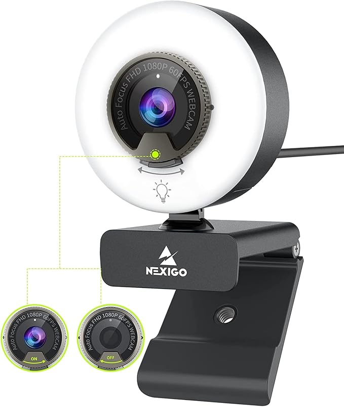 NexiGo N960E 1080P 60FPS Webcam with Light, Software Included, Fast AutoFocus, Built-in Privacy Cover, USB Web Camera, Dual Stereo Microphone, for Zoom Meeting Skype Teams Twitch (Renewed)
