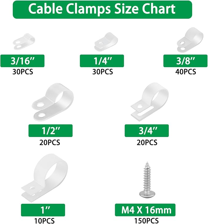 300PCS White Cable Clamps Assortment Kit, Nylon Plastic R-Type 6 Sizes 3/16'' 1/4'' 3/8'' 1/2'' 3/4'' 1'' Cable Mounting Wire Clips Fastener with M4 Screws for Wire Management