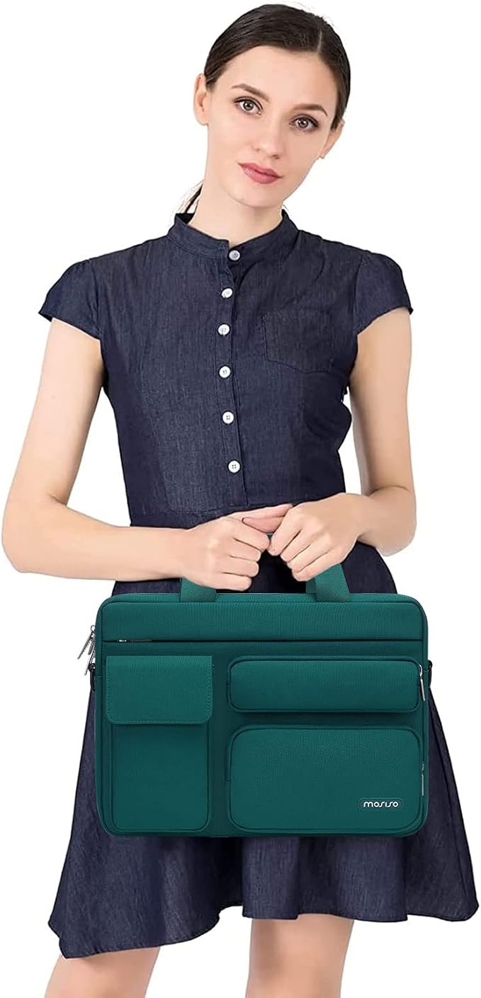 MOSISO Laptop Shoulder Bag 15.6 inch, 15-15.6 inch Computer Bag Compatible with MacBook Pro 16 inch, HP, Dell, Lenovo, Notebook with 2 Raised&1 Flapover&1 Horizontal Pocket&Handle&Belt, Teal Green