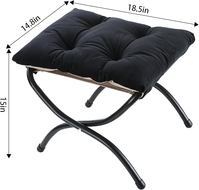 15" Foldable Foot Stool Ottoman with Metal Frame - Washable Black Upholstered Indoor/Outdoor Footrest for Living Room, Bedroom, Patio - Space-Saving Compact Design