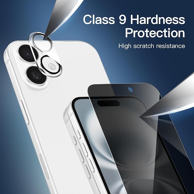 NEW'C 3x Privacy for iPhone 16 Screen Protector (6.1 inches)+ 3x Camera Lens Protector, Sensor Protection, Case Friendly Tempered Glass Film + Dust Plug - Easy installation tool included