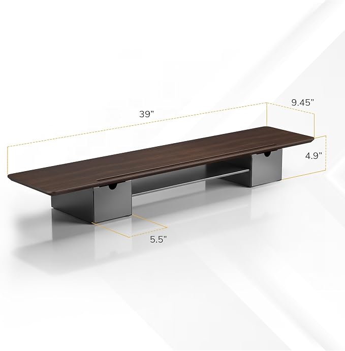 Mount-It! Extra Wide 39" Dual Monitor Stand Riser with 2 Drawers, Holds 66 lbs, Real Wood Platform, Built-In Device Slot, Removable Shelf, Home Office Desk Organizer