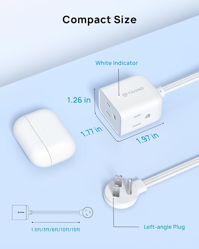 TROND Flat Extension Cord 10ft - Left Angled Flat Plug Power Strip, ETL Listed, 3 Plug Extension Outlets, Three Prong, SPT 16/3 Gauge, 13A, Compact for Tight Spaces Indoor Home Office Kitchen, White