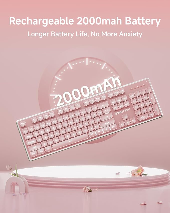 V3 Wireless Keyboard and Mouse Combo, Bluetooth/2.4G Rechargeable Light up Quiet Computer Wireless Keyboard and Mouse with White Backlit, Metal Panel-Pink