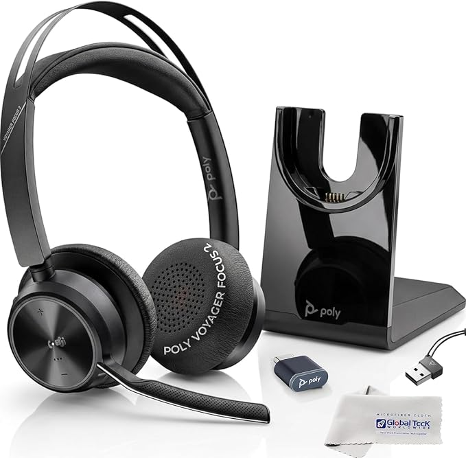 Plantronics Poly Voyager Focus 2 MS Wireless Headphones with Headset Stand, Compatible for Teams, Phones Calls, Zoom, Noise Cancelling Wireless Headset with Mic for Work, Over The Ear, GTW Microfiber