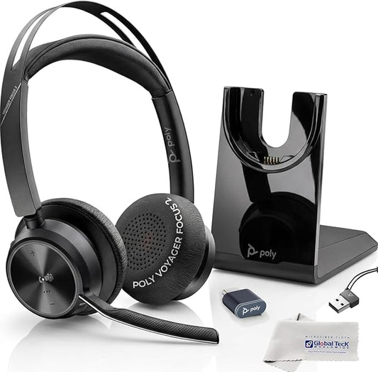 Plantronics Poly Voyager Focus 2 MS Wireless Headphones with Headset Stand, Compatible for Teams, Phones Calls, Zoom, Noise Cancelling Wireless Headset with Mic for Work, Over The Ear, GTW Microfiber