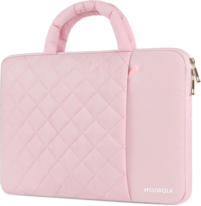 Laptop Case 13.3 inch,13-13.3 inch Puffy Laptop Sleeve Bag Compatible with MacBook Neo 13/Air 13 13.6/Pro 13/Pro 14,Square Quilted Bag with Vertical&Back Horizontal Pockets&Handle&Belt, Pink