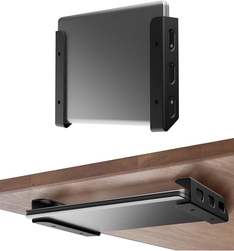 Universal Laptop Wall Mount or Under Desk Mount Holder, Fit for MacBook, Keyboard, Surface, Router, Modems and More Small Devices Up to 40mm/1.57in Thick, Fixed by Screw or Adhesive (Black)