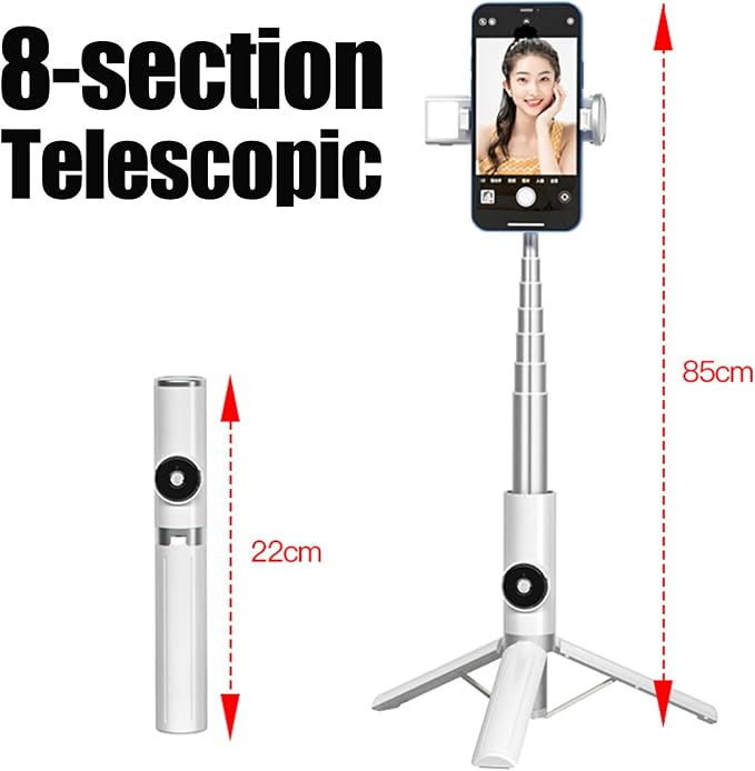 Selfie Stick Tripod Portable Extendable Cell Phone Stand with Detachable Mini Ring Light Phone Tripod Stand with Bluetooth Remote for iPhone Android for Vlogging/Travel/Live Streaming (White)